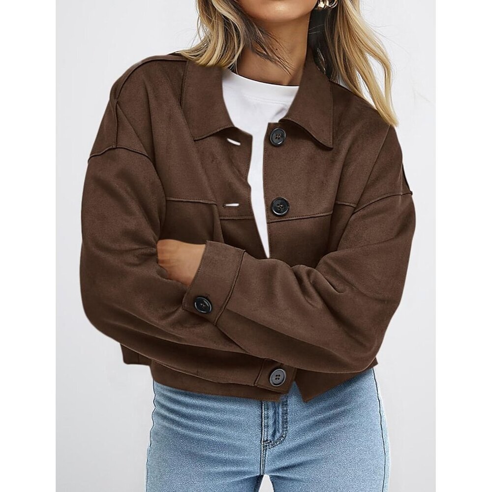 Women's Faux Suede Cropped Jacket Casual Lightweight Spring Outerwear Dark Brown - Picture 3 of 6